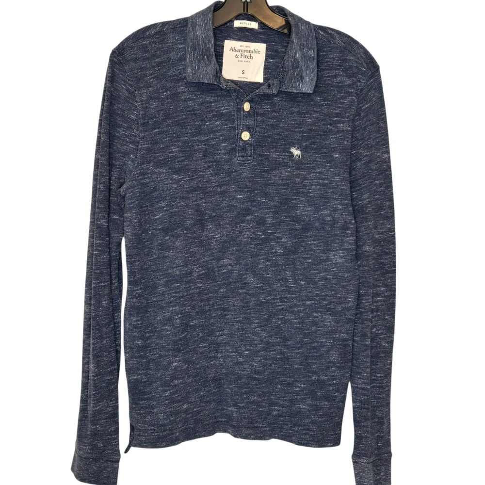 Abercrombie Long Sleeve Polo Shirt Moose logo Small Blue Heathered Muscle Fit